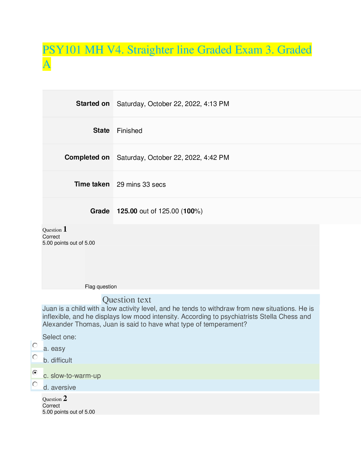 Preview image for PSY101 MH V4. Straighter line Graded Exam 3. Graded A
